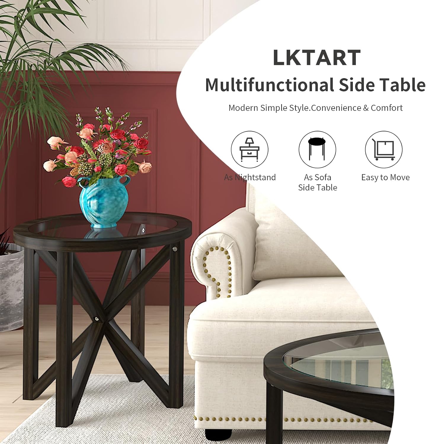 3-Piece Round Coffee Table Set, 1 Coffee Table & 2 End Tables with Tempered Glass Top and Solid Wood Base for Living Room Apartment Small Space (Black)