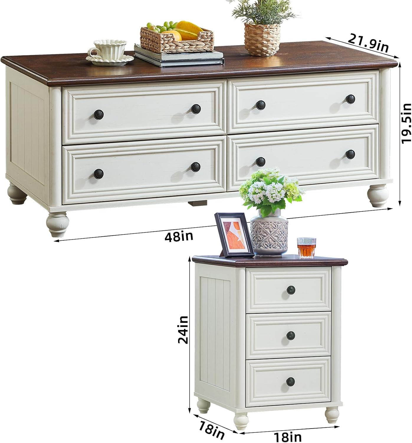 RWYHG Farmhouse Coffee Table & Night Stand Set of 3, Wood 54'' Wide Center Table & 18'' Chest of Drawers, Roman Column 3 Drawers Nightstand Set of 2, Living Room Furniture Coffee Tables Suites White