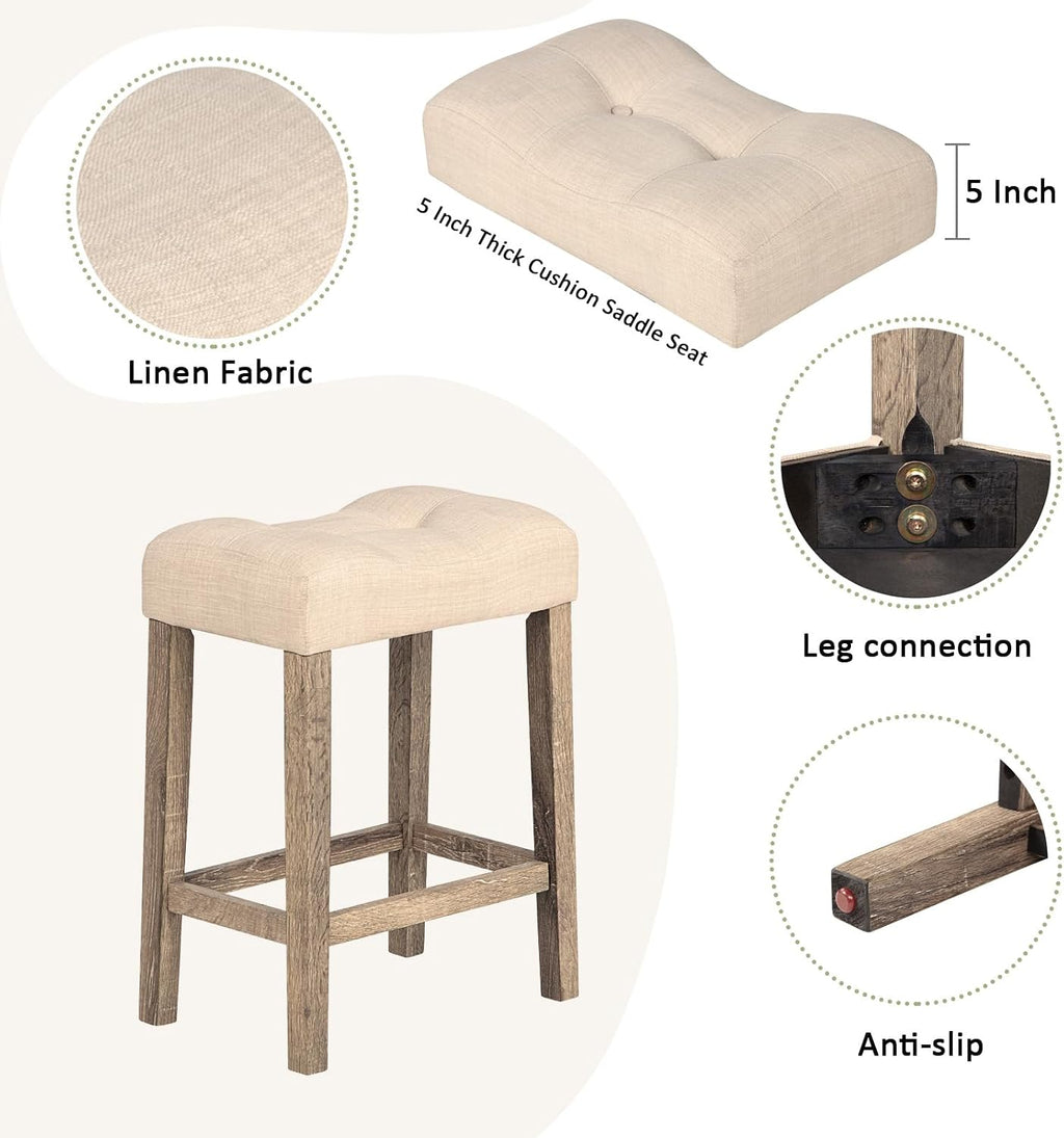 Merax 4 Piece Bar Table Set with Power Outlet,Behind Sofa Couch Table with 3 Linen Fabric Padded Saddle Seat Stools,for Living Room,Dining Room（Brown+Beige）