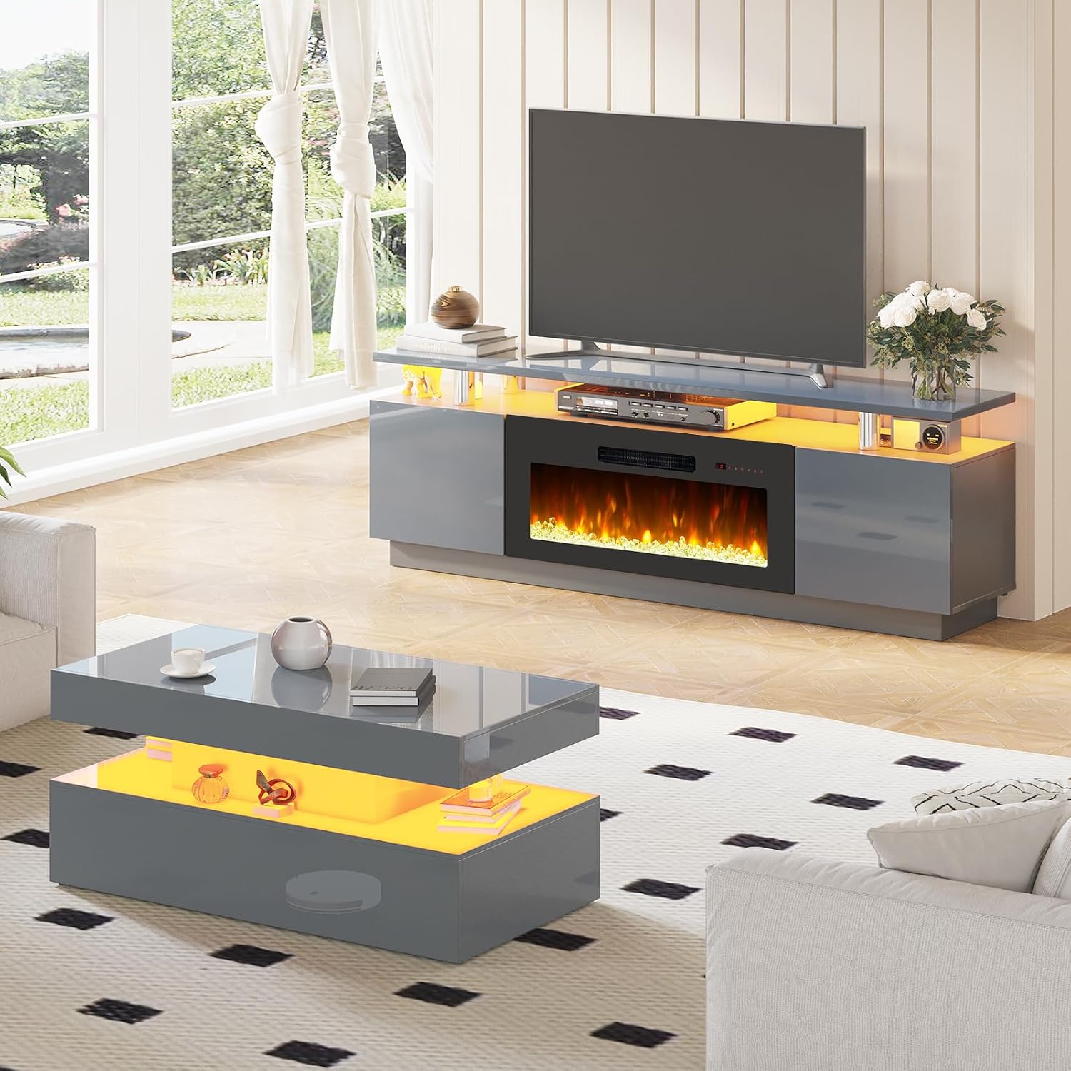 AMERLIFE 3 Piece Modern Living Room Table Set, Includes 70' High Gloss Fireplace TV Stand, 2-Tier Coffee Table, LED Lights Entertainment Center Set for Living Room, Grey
