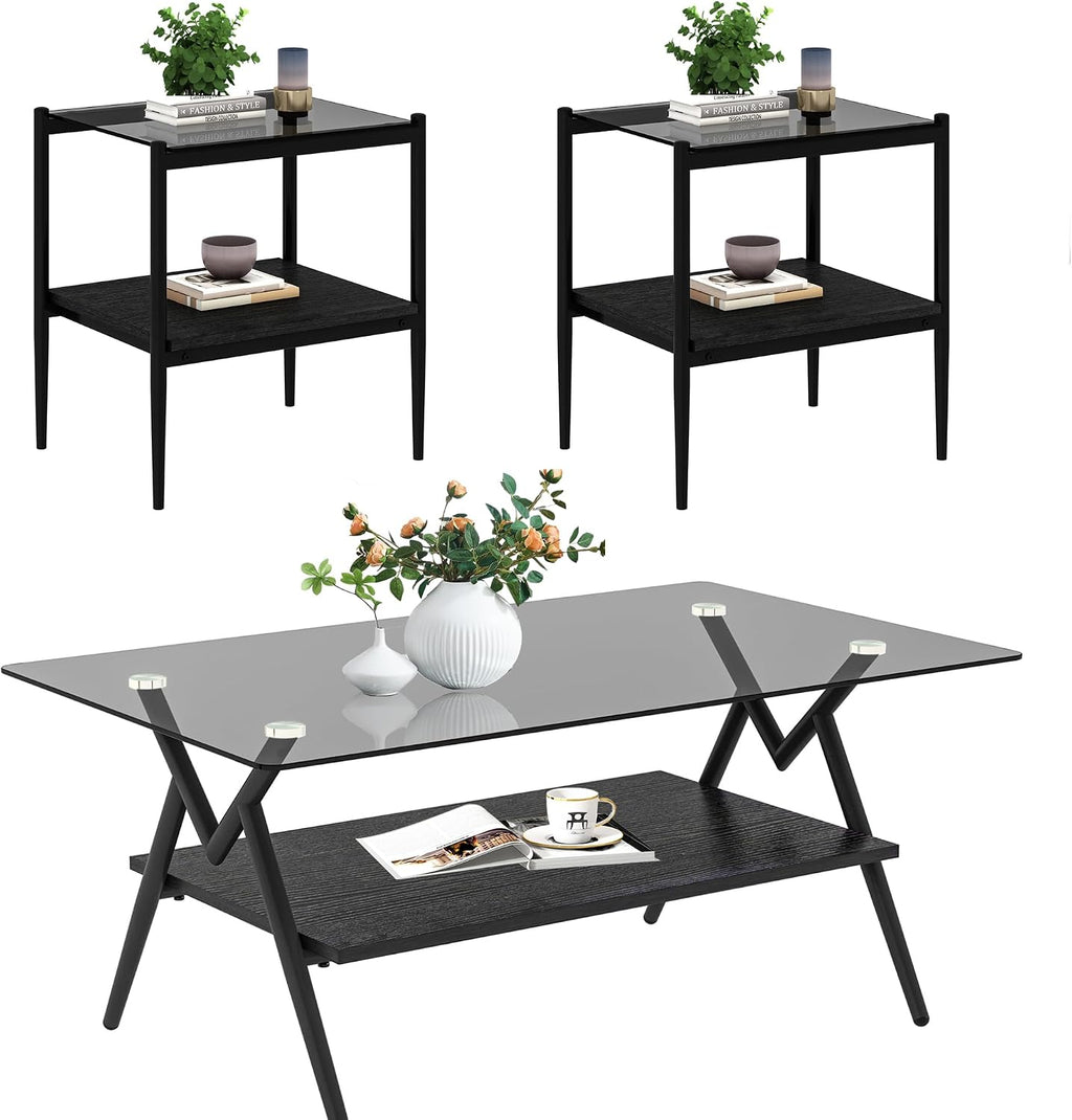 Grey Glass Coffee Table Sets of 3 Modern Living Room Table Set End Tables with Black Metal Legs and Wood Bottom Shelf, Center Cocktail Furniture (Grey Black)