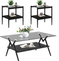 Grey Glass Coffee Table Sets of 3 Modern Living Room Table Set End Tables with Black Metal Legs and Wood Bottom Shelf, Center Cocktail Furniture (Grey Black)