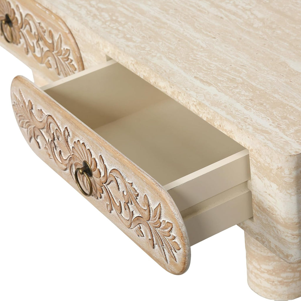 39.5' Faux Mars Coffee Table with Storage, Modern Travertine Coffee Tables with 2 Solid Wood Carved Drawers for Living Room, Rectangular Coffee Center Tea Table with Sturdy Legs for Apartment