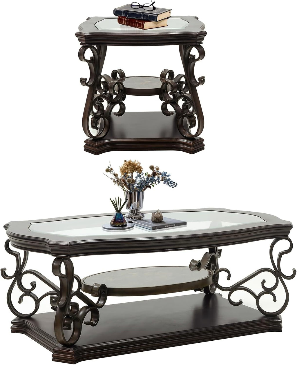 2 Piece Retro Coffee Table Set, Mid Century Modern Living Room Table Set, Traditional 3-Tier Coffee Table and End Table with Tempered Glass Top & Storage Shelf for Living Room Home Office