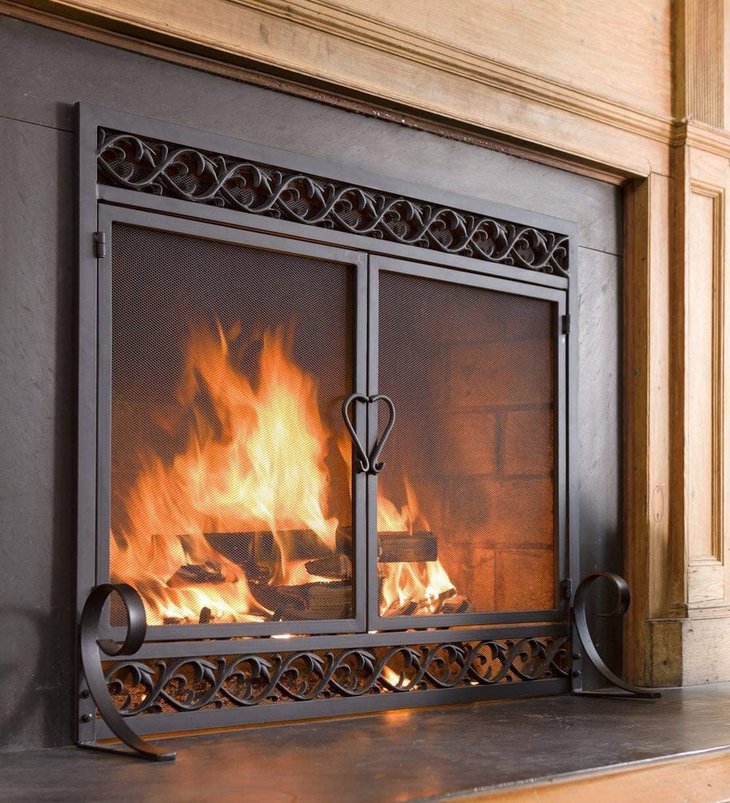 Plow & Hearth Metal Fireplace Screen Scrollwork Black | 38' W x 31' H | Dual Magnetic Hinged Doors | Spark Guard Cover | Stand Alone Wrought Iron Panel Fire Place Cover