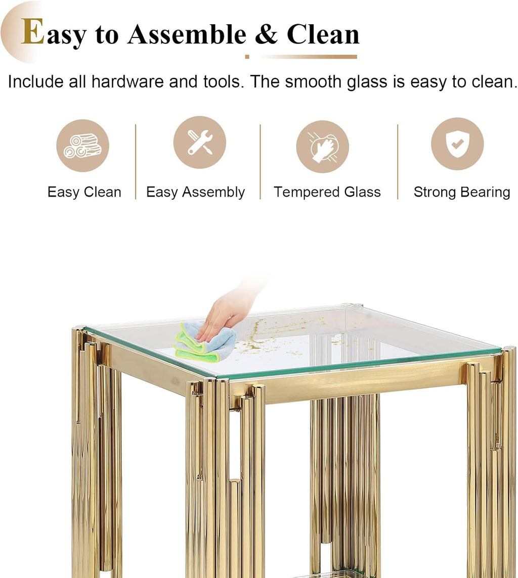 Glass Coffee Table and End Table Set of 3, Luxury Coffee Table Set with Tempered Glass & Gold Stainless Steel Legs, 3 Piece Living Room Table Set for Bedroom Home Office