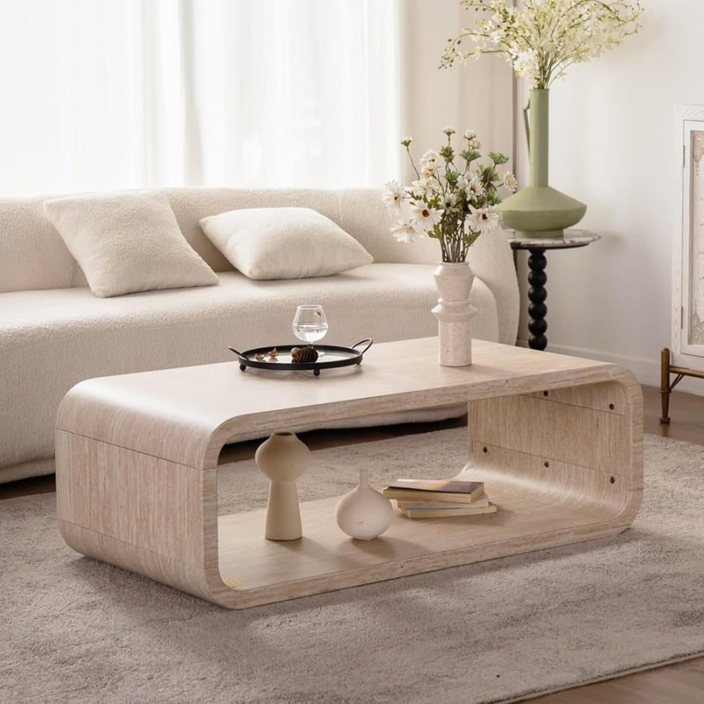 47.24' Faux Mars Coffee Table with Storage Shelf, 2-Tier Travertine Coffee Tables for Living Room,Modern Rectangle Center Tea Table with Rounded Corners for Apartment Bedroom Office, Easy Assembly