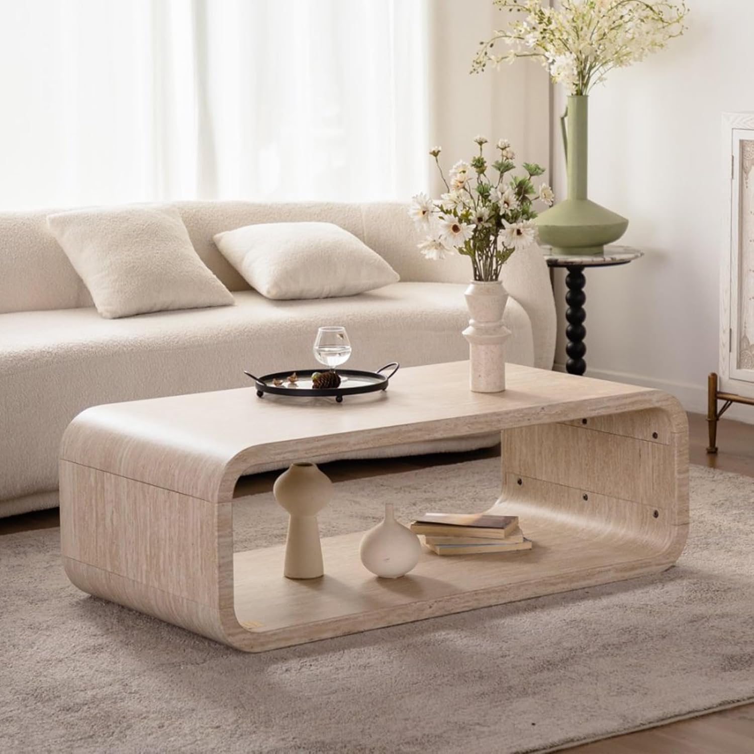47.24' Faux Mars Coffee Table with Storage Shelf, 2-Tier Travertine Coffee Tables for Living Room,Modern Rectangle Center Tea Table with Rounded Corners for Apartment Bedroom Office, Easy Assembly