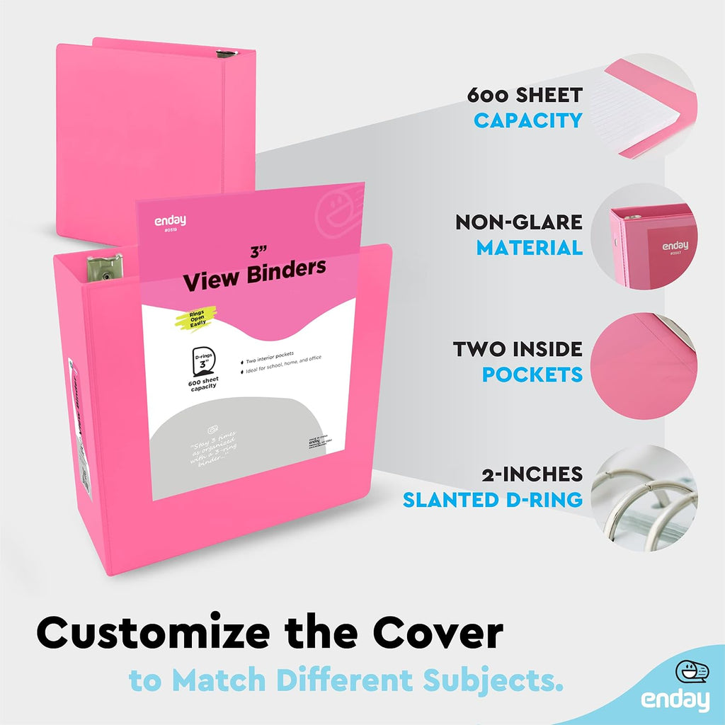 Enday 3 inch Binder (24 Pack - Pink) 3 Ring Binder 3 inch with Clear View Cover and 2 Inside Pocket - for Letter Size 8.5 x 11'' Paper, Ideal for School Supplies, Office, and Home