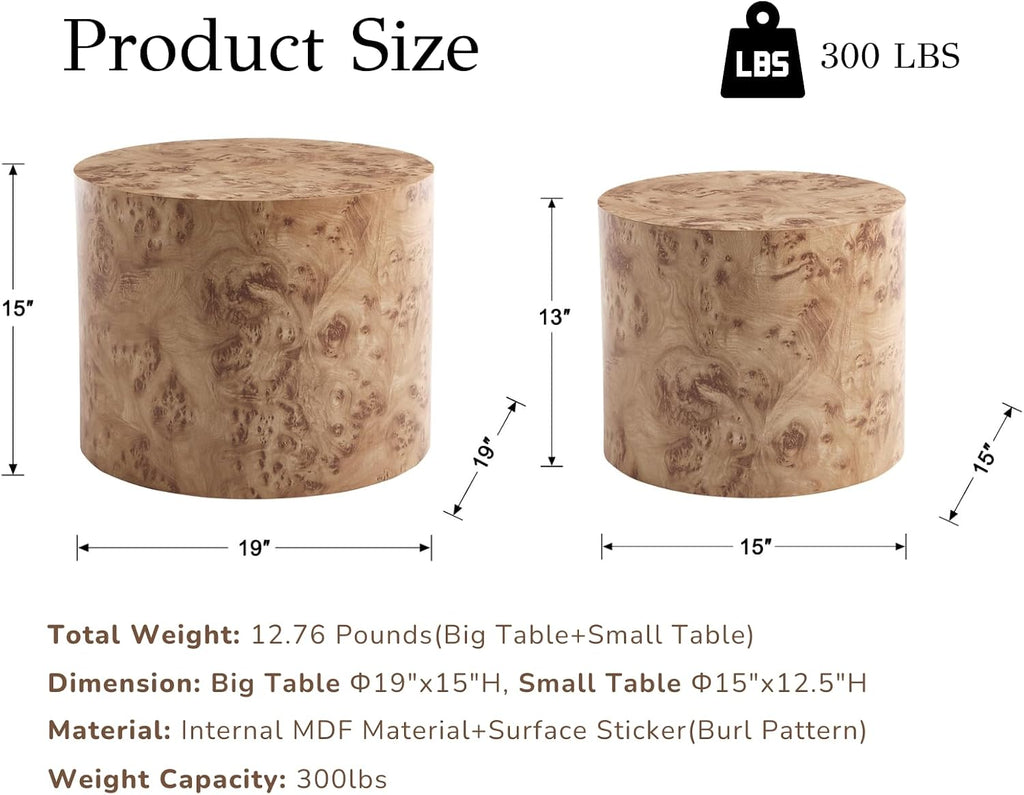 EALSON Nesting Coffee Tables Set of 2 Farmhouse Small Round End Tables Modern Wood Circle Side Table Drum Table for Living Room Small Spaces Bedroom Balcony, No Assembly, Natural Burl
