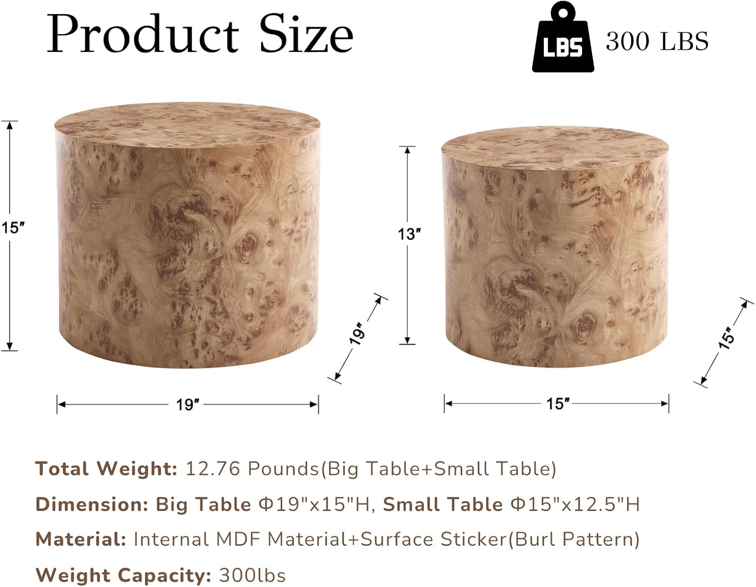 EALSON Nesting Coffee Tables Set of 2 Farmhouse Small Round End Tables Modern Wood Circle Side Table Drum Table for Living Room Small Spaces Bedroom Balcony, No Assembly, Natural Burl
