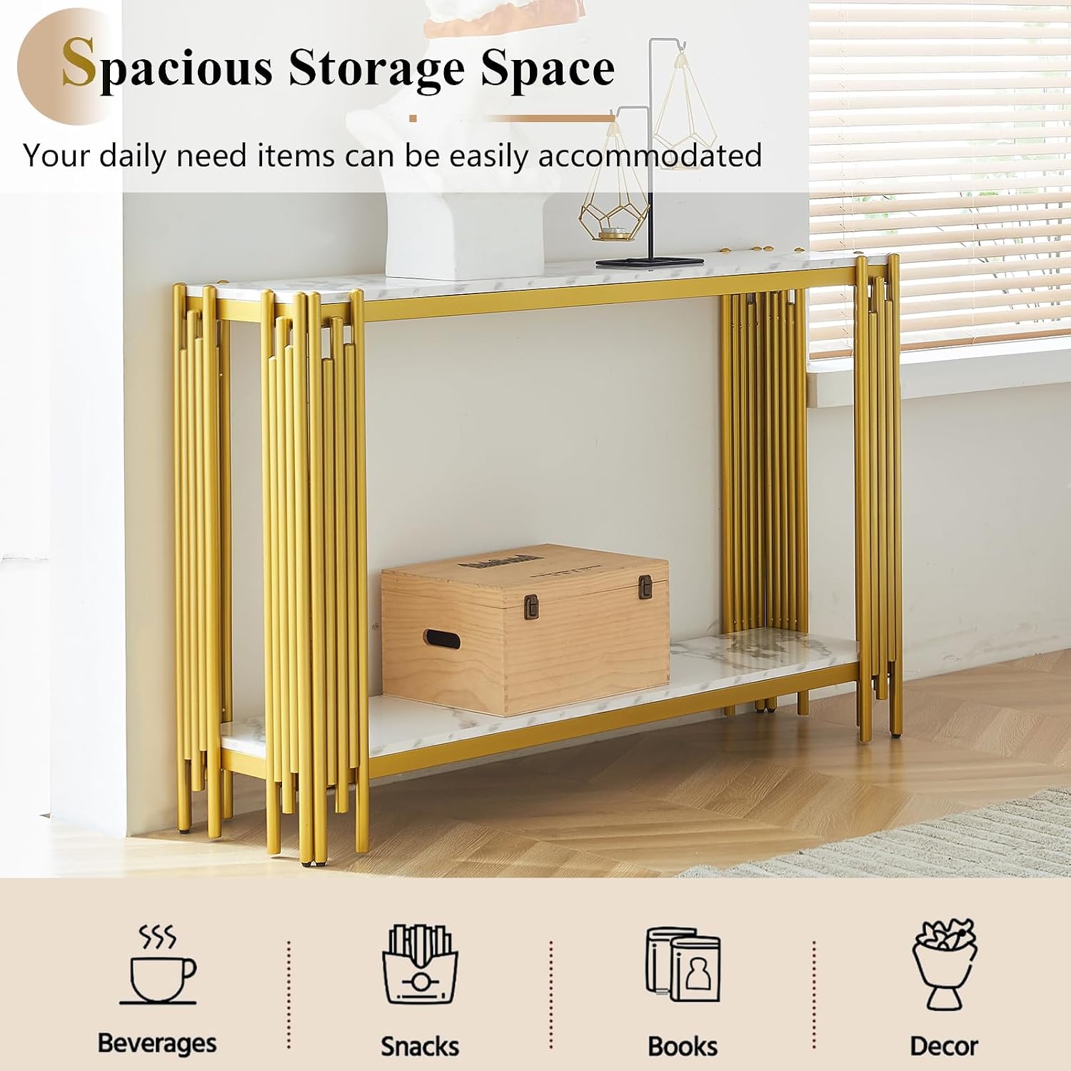 Gold Console Table, Modern 47.2' Entryway Table with Geometric Gold Metal Frame, 2 Tier White Faux Marble Sofa Table Behind Couch Table Accent Table for Entrance Living Room Hallway