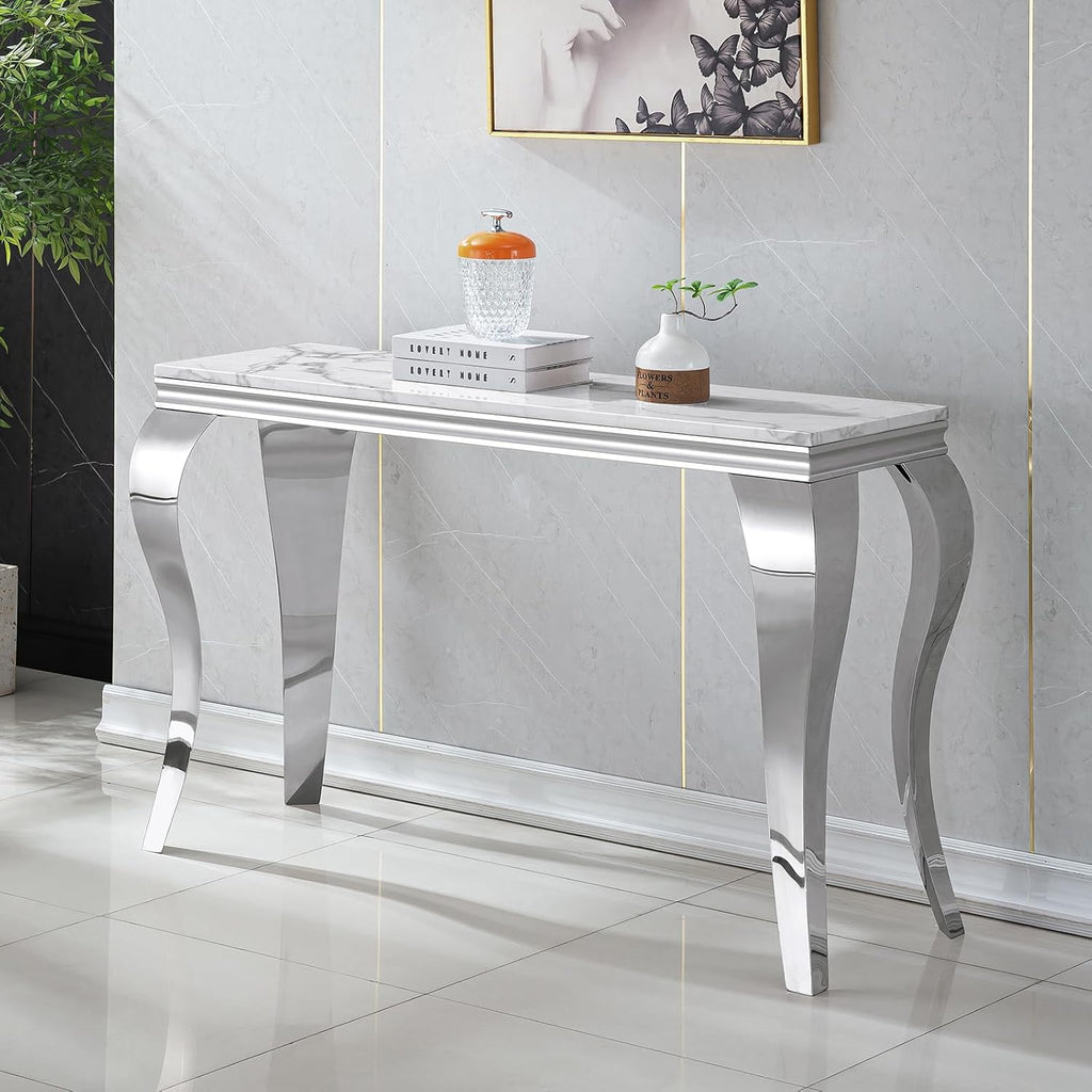 White Marble Coffee Table Set of 2, Modern Faux Marble Coffeee Table and Console Table, Luxury 2 Piece Living Room Table Set with Silver Stainless Steel S-Shape Legs for Apartment Home Office