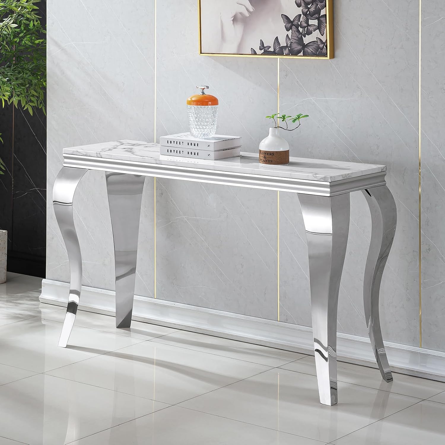 White Marble Coffee Table Set of 2, Modern Faux Marble Coffeee Table and Console Table, Luxury 2 Piece Living Room Table Set with Silver Stainless Steel S-Shape Legs for Apartment Home Office