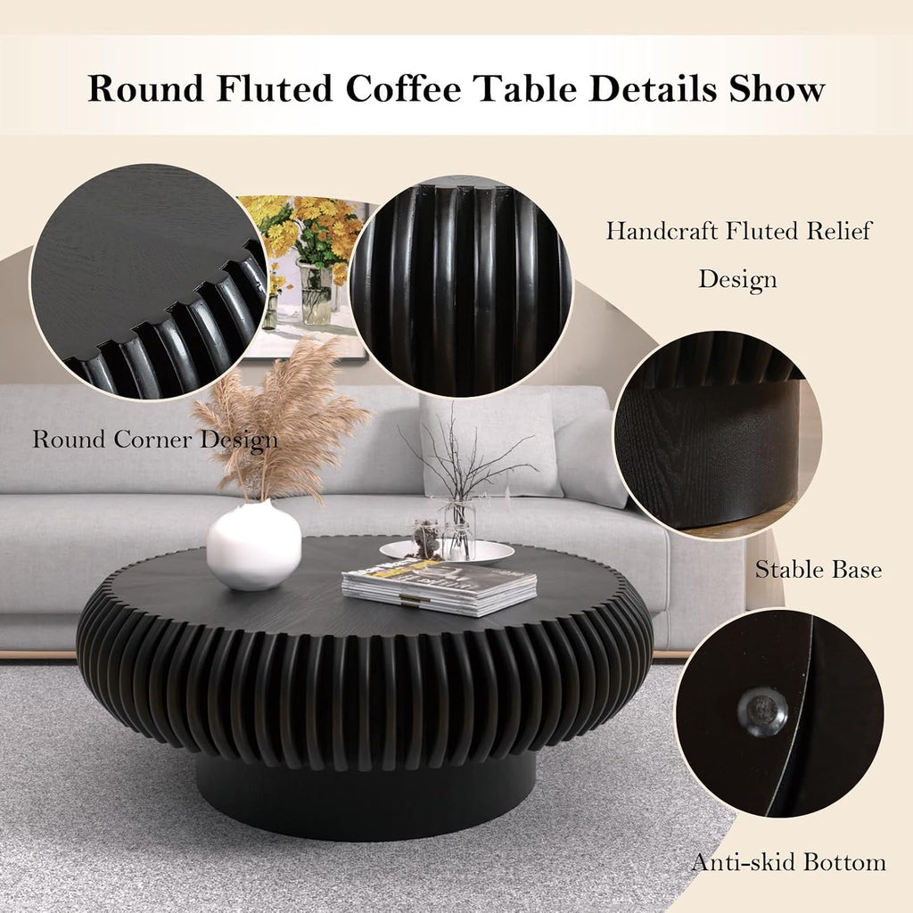 31.49' Round Fluted Coffee Table Unique Contemporary Wood Low Circle Drum Tea Tables with Sturdy Pedestal for Small Space (H Black 31.49in)