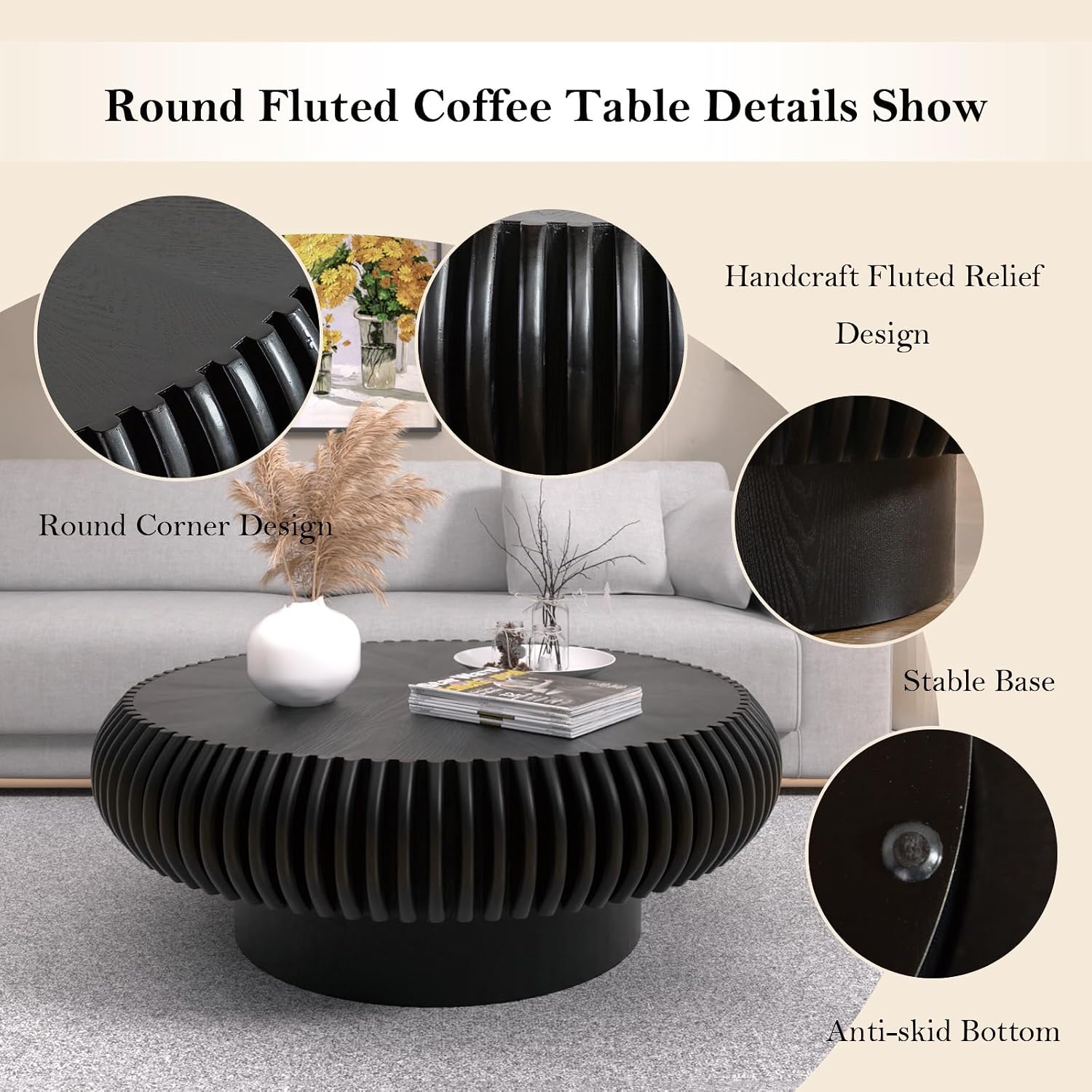 31.49' Round Fluted Coffee Table Unique Contemporary Wood Low Circle Drum Tea Tables with Sturdy Pedestal for Small Space (H Black 31.49in)