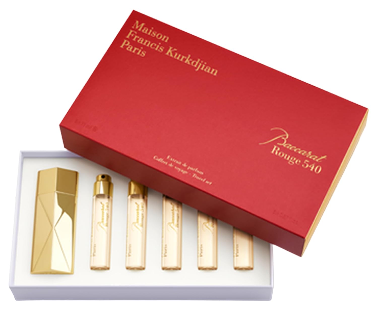 Baccarat Rouge 540 Travel Set by Maison Francis Kurkdjian for Unisex - 6 Pc Gift Set 5 x 0.37 Extrait De Parfum Spray (Refill), Case Gold