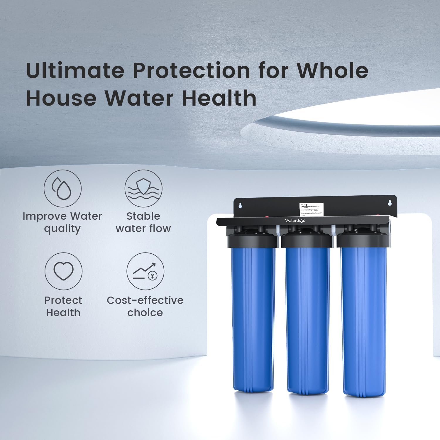 Waterdrop WHF3T-PG 3-Stage Whole House Water Filter System,1' Inlet/Outlet | Highly Reduces Lead, Chlorine, Odor and Taste, 7-Stage Filtration, with Carbon Filter & Sediment Filter, 5 Micron
