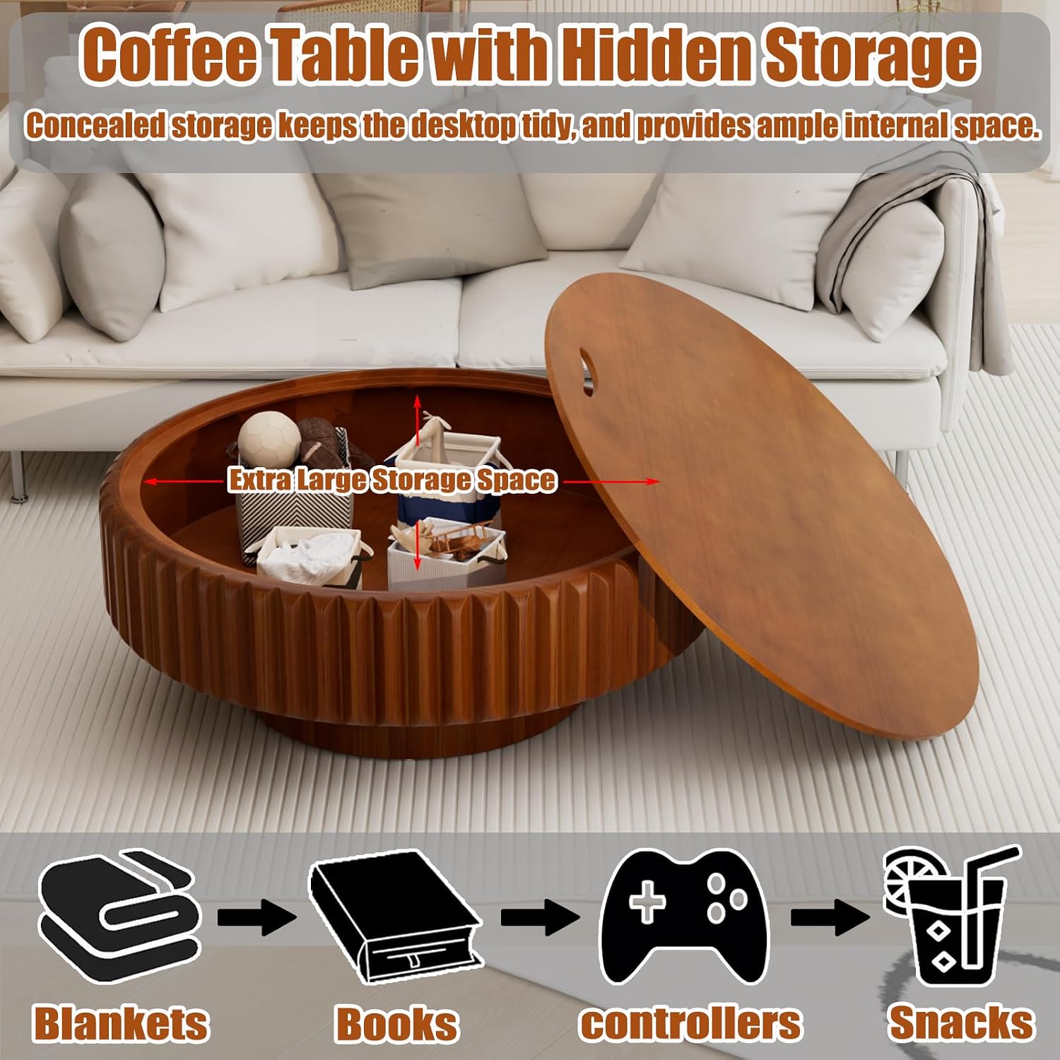31.5' Round Drum Coffee Table with Hidden Storage, Modern Fluted Coffee Tables with Solid Wood Veneer, Wooden Circle Center Table for Living Room, Small Spaces, and Apartments, Easy Assembly