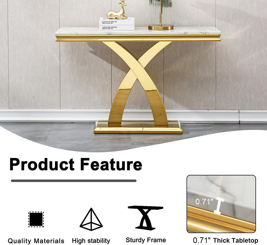 2-Piece Living Room Table Set, Faux Marble Coffee Table Set of 2 with X-Shape Stainless Steel Base, White and Gold Coffee and Console Table Set, Modern Home Living Furniture