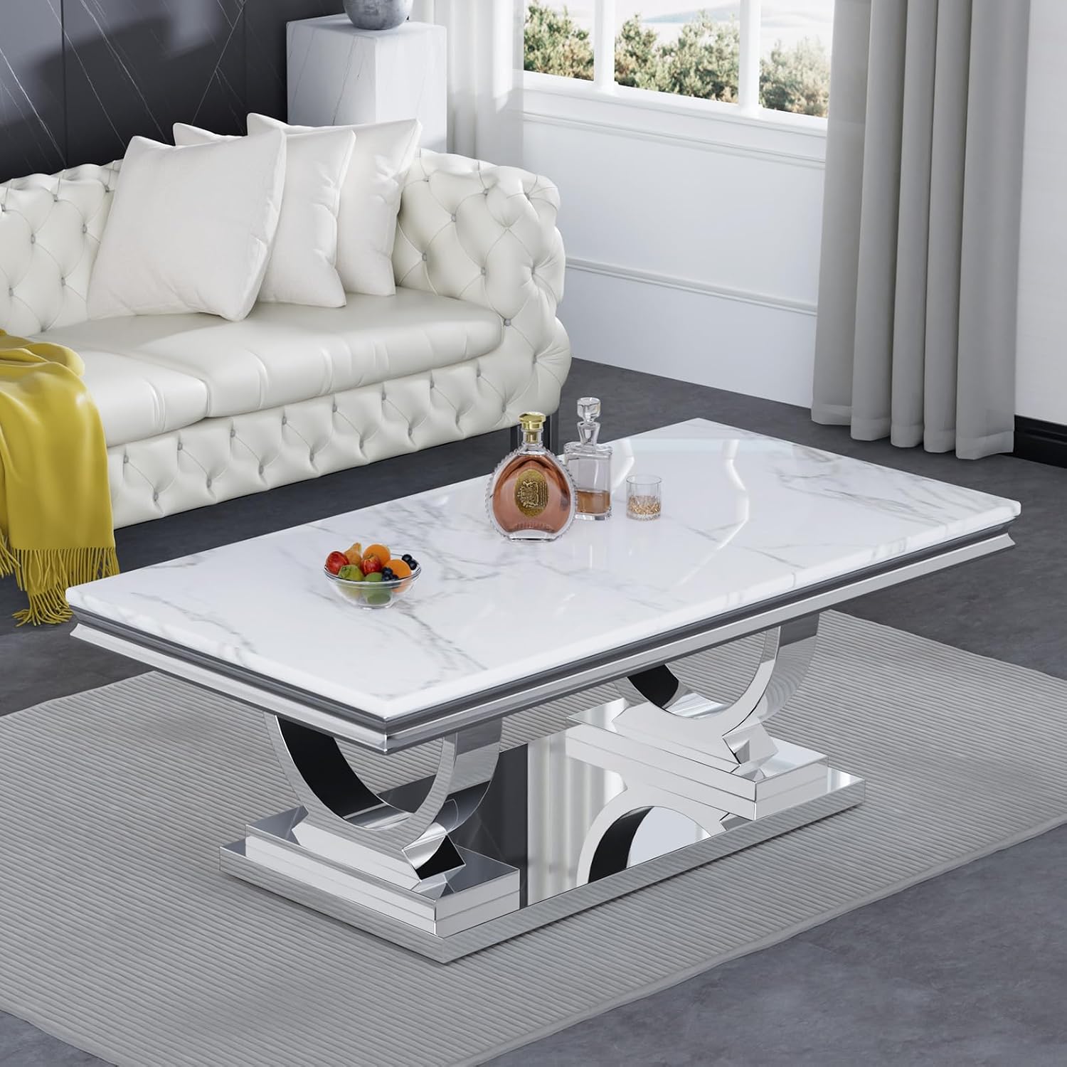 3 Pieces Coffee Table Set, Faux Marble Living Room Table Set of 3, Modern Coffee Table and 2 End Tables with O-Shaped Stainless Steel Base for Living Room Office (White Silver)