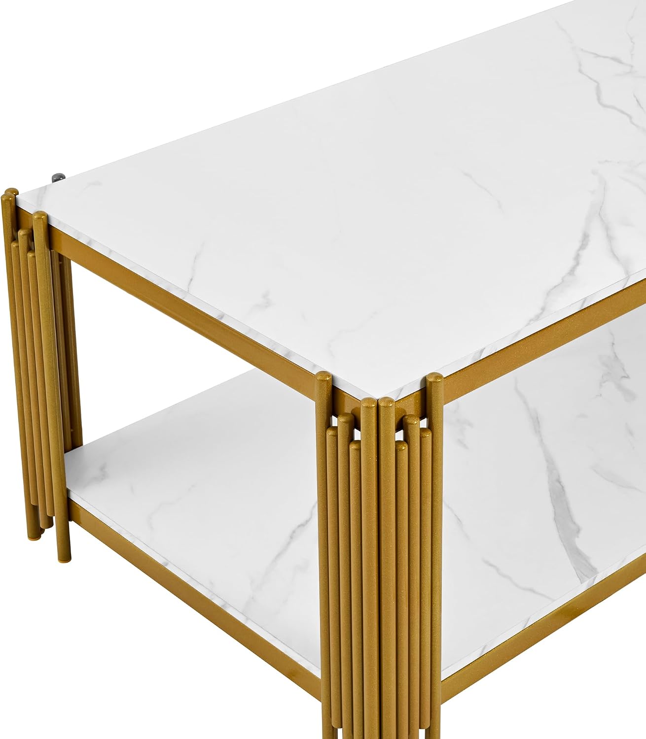 45'' Modern 2-Tiers Coffee Table with Golden Iron Frame, White Faux Marble Top, Rectangle Cocktail Center Table for Living Room Office, White and Gold Coffee Side Table for Apartment