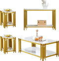 Elegant Faux Marble Coffee Table Set - Modern White Console & End Tables with Gold Metal Frame - 4 Piece Living Room Set for Apartment & Home Office