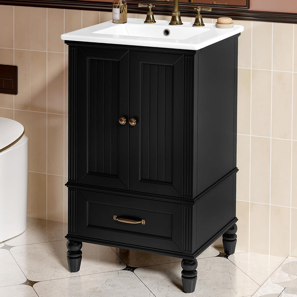 Stylish 20' Black Bathroom Vanity with Sink - Durable MDF Cabinet with 2 Doors, Adjustable Foot Pads, Drawer & Magnetic Door Stopper for Modern Homes