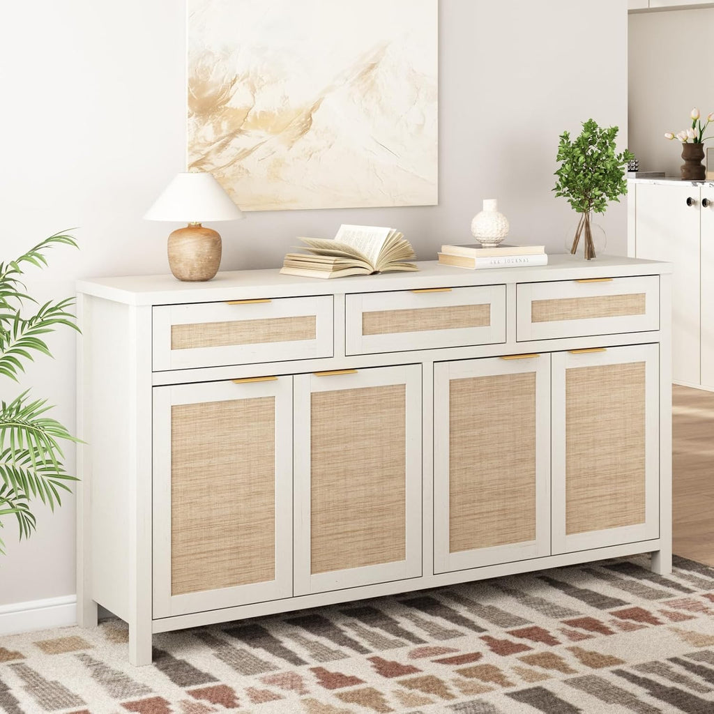 HOKYHOKY Rattan Sideboard Buffet Cabinet, Boho Storage Cabinet with Adjustable Shelves, Farmhouse Credenza Coffee Bar Cabinets with 4 Doors & 3 Drawers for Living Room, Hallway & Kitchen