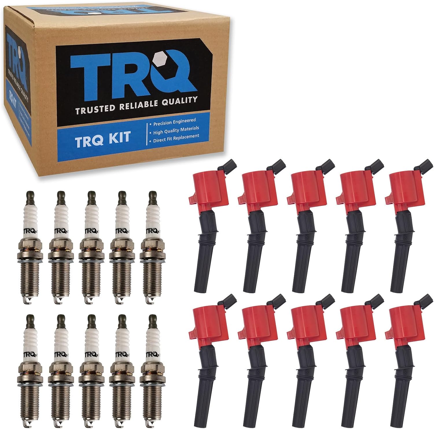 TRQ Ignition Coil and Spark Plug Kit 10 Piece Iridium Spark Plugs Compatible with 1997-2019 Ford E-350 Econoline E-350 Econoline Club Wagon Econoline Super Duty F-250 Super Duty F-350 Super Duty