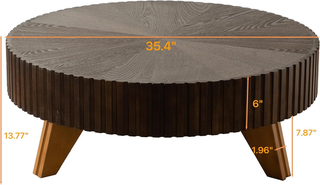 35.4'' Round Coffee Table Wood Modern Coffee Table for Living Room, Easy Assembly, Black Brown