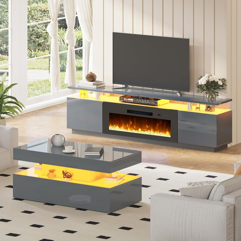 AMERLIFE 3 Piece Modern Living Room Table Set, Includes 80' High Gloss Fireplace TV Stand, 2-Tier Coffee Table, LED Lights Entertainment Center Set for Living Room, Grey