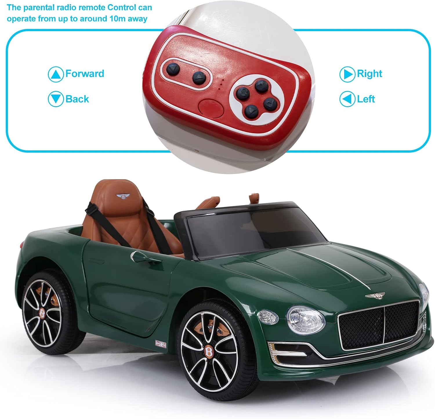SEHOMY Kids Ride on car with Remote Control 12V, Bentley Style Electric Car Kids Battery Powered Motorized Vehicles with Seat, 2 Speed, LED Lights, MP3, Music, Horn, TF Card, USB Port, Green