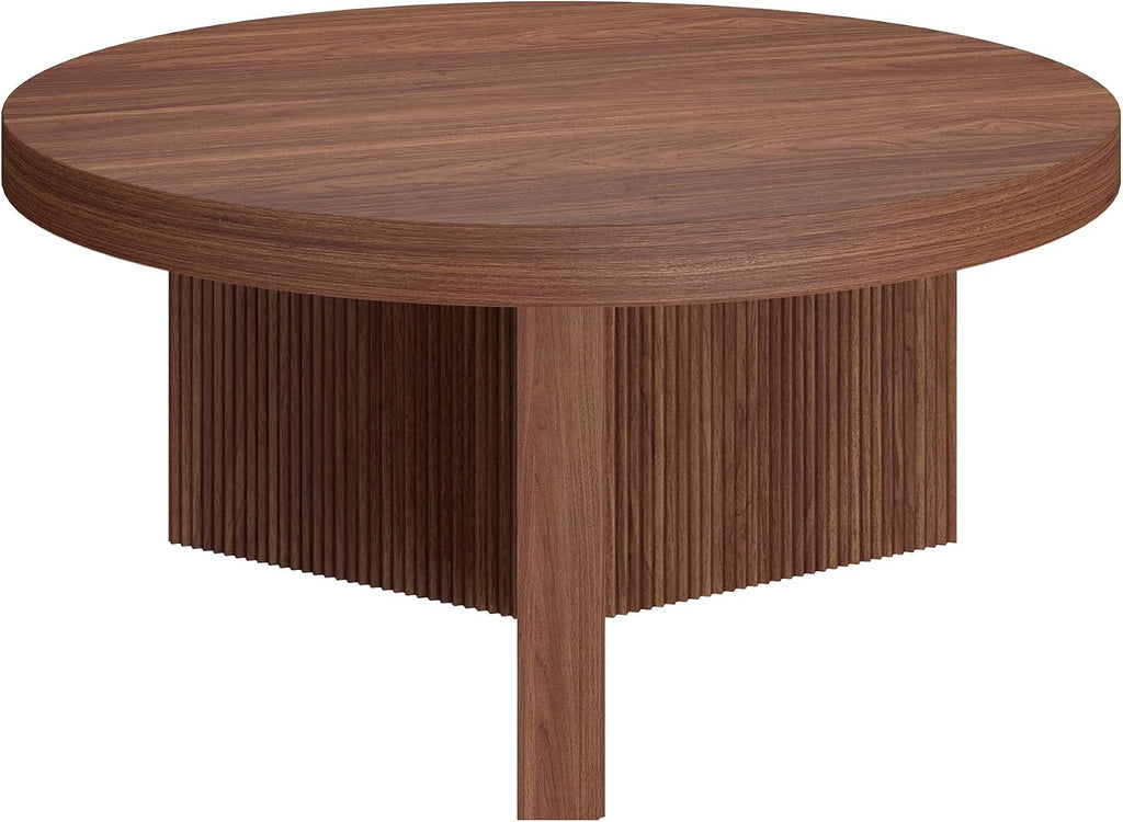 Henn&Hart 32' Fluted Round Low-Profile Coffee Table with Ribbed Pedestal Base Living Room, Family Room, Office, or Apartment, Medium Walnut