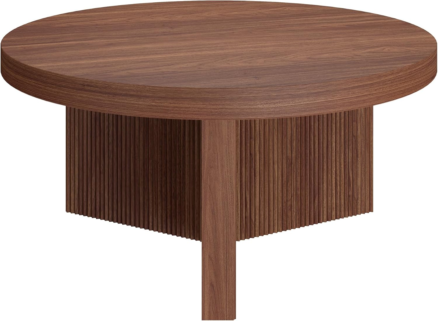 Henn&Hart 32' Fluted Round Low-Profile Coffee Table with Ribbed Pedestal Base Living Room, Family Room, Office, or Apartment, Medium Walnut