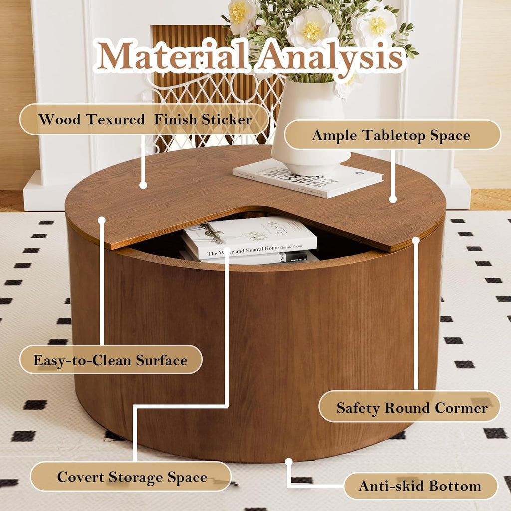 27.16' Modern Brown Side Table with Storage, Mid Century Round Sofa End Table - 360° Rotation Tabletop for Small Space No Assemble Required (Brown 27.16in)
