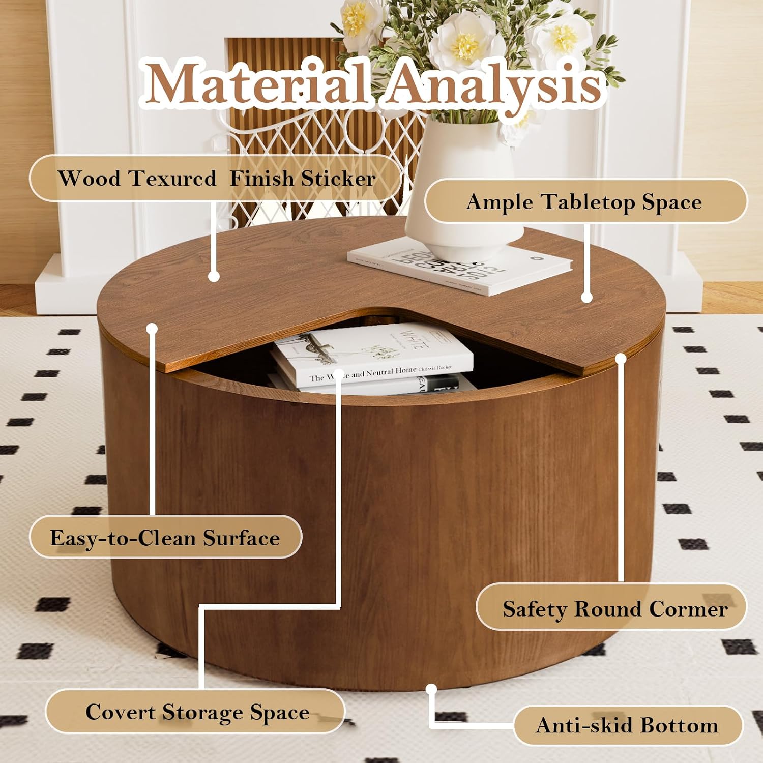 27.16' Modern Brown Side Table with Storage, Mid Century Round Sofa End Table - 360° Rotation Tabletop for Small Space No Assemble Required (Brown 27.16in)