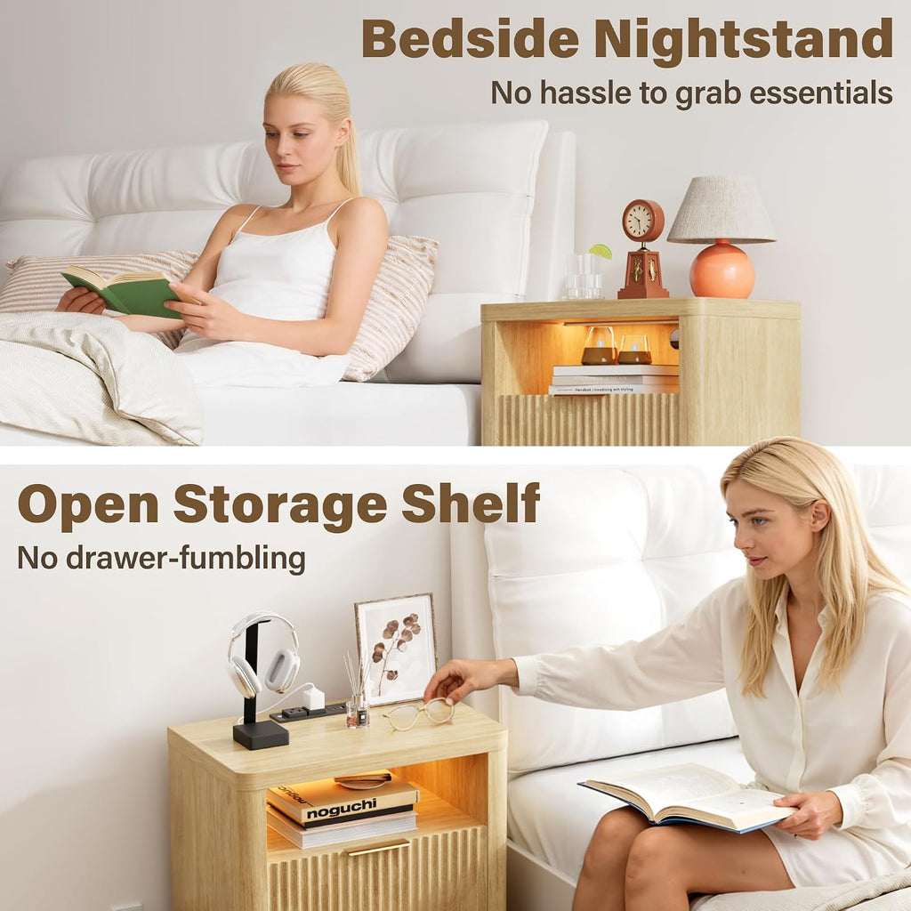 YESHOMY Fluted Nightstands Set of 2 with Charging Station,24' Night Stand with 2 Drawers and Storage Shelf,RGB LED Lighting,Arc Edge Fluted Bedside Table for Bedroom,Natural Wood
