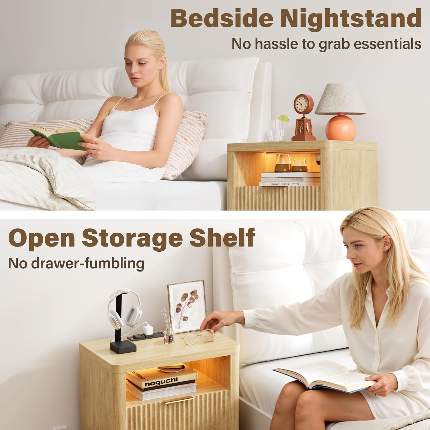 YESHOMY Fluted Nightstands Set of 2 with Charging Station,24' Night Stand with 2 Drawers and Storage Shelf,RGB LED Lighting,Arc Edge Fluted Bedside Table for Bedroom,Natural Wood