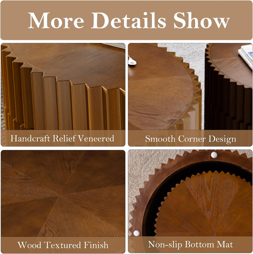 Round Nesting Tables - Handcraft Relief Veneered Walnut Fluted Circular Coffee Table Set of 2 with Non-Slip Bottom Pads for Living Room Balcony Bedroom Study (B 26.8+19.7in)