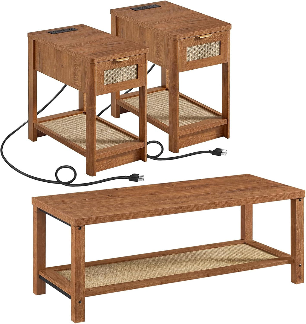 Lerliuo Boho Coffee Table Set of 3, Rattan Coffee and End Table Sets with Charging Station, Living Room Table Set with Open Shelf for Living Room, Tea Brown