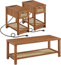 Lerliuo Boho Coffee Table Set of 3, Rattan Coffee and End Table Sets with Charging Station, Living Room Table Set with Open Shelf for Living Room, Tea Brown