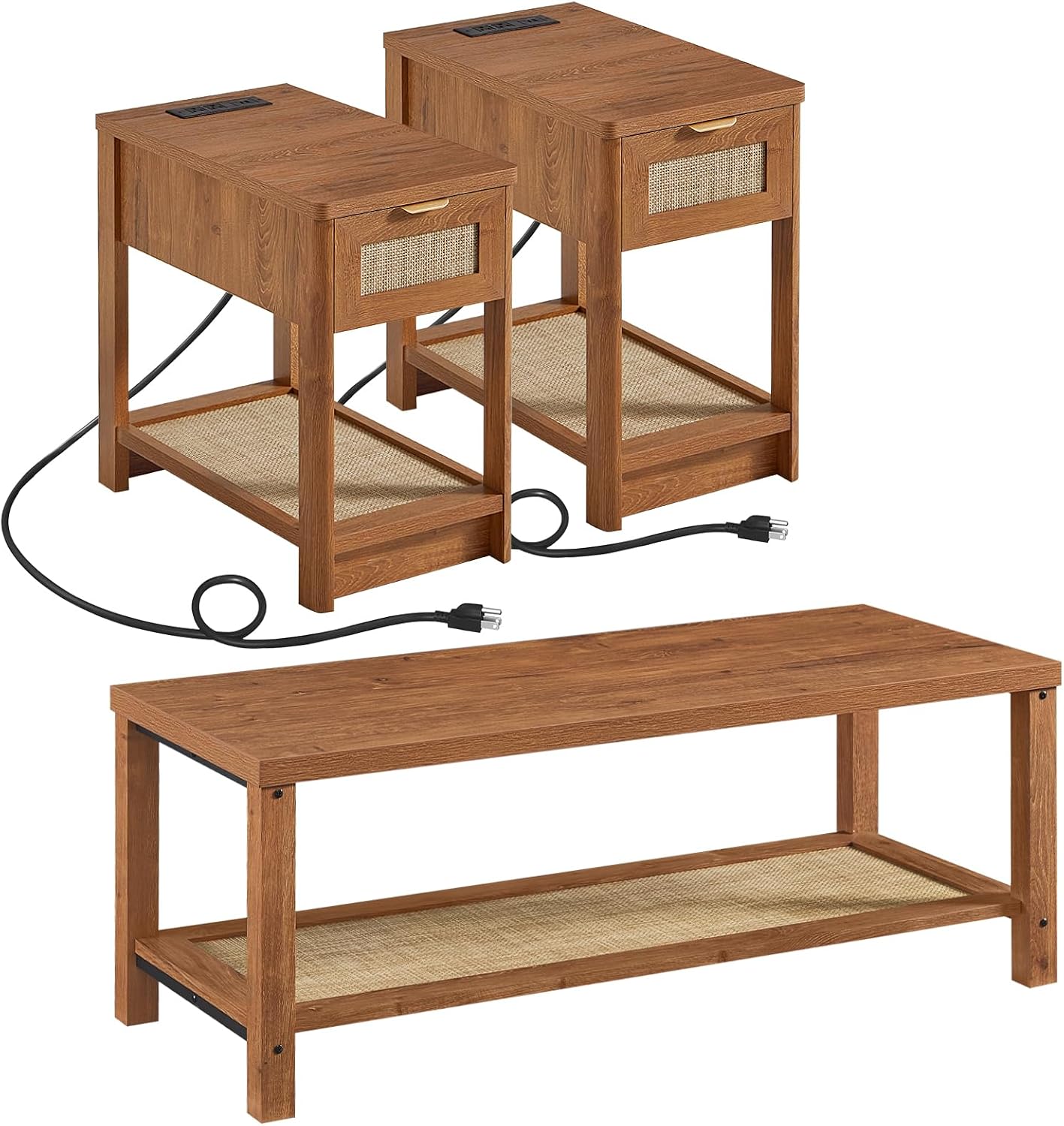 Lerliuo Boho Coffee Table Set of 3, Rattan Coffee and End Table Sets with Charging Station, Living Room Table Set with Open Shelf for Living Room, Tea Brown