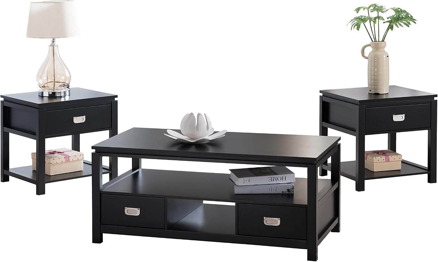 Kings Brand Furniture 3 Piece Black Finish Wood Storage Occasional Table Set, Coffee Table & 2 End Tables