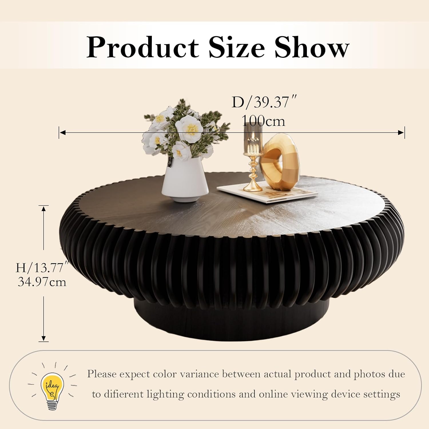 39.37' Round Fluted Coffee Table Unique Contemporary Wood Low Circle Drum Tea Tables with Sturdy Pedestal for Small Space (H Black 39.37in)