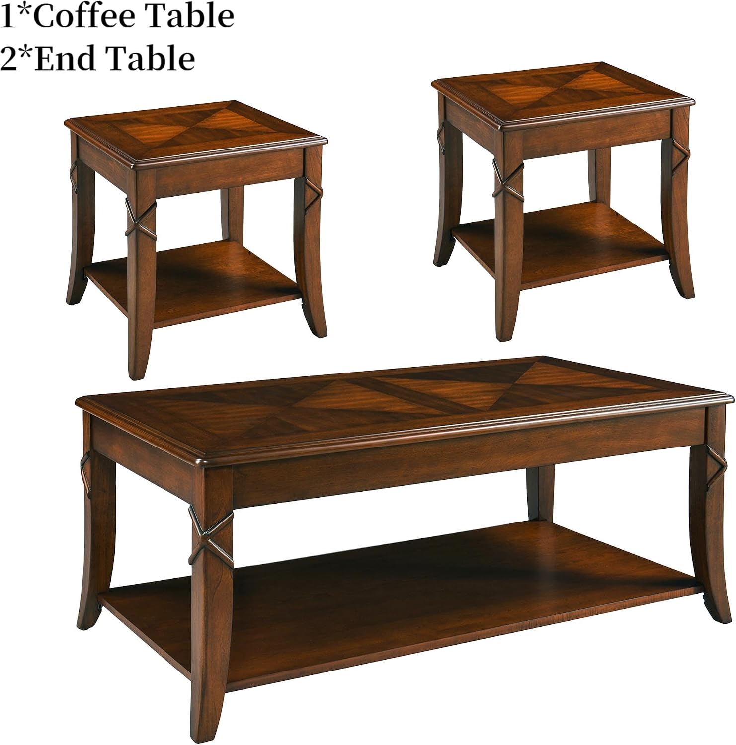 Mid-Century Modern Coffee Table Set of 3, 3-Piece Solid Wood Living Room Table Set, Coffee Table with 2 Square End Side Tables, Cherry Walnut Home Furniture for Apartment KFZ-DR200-3