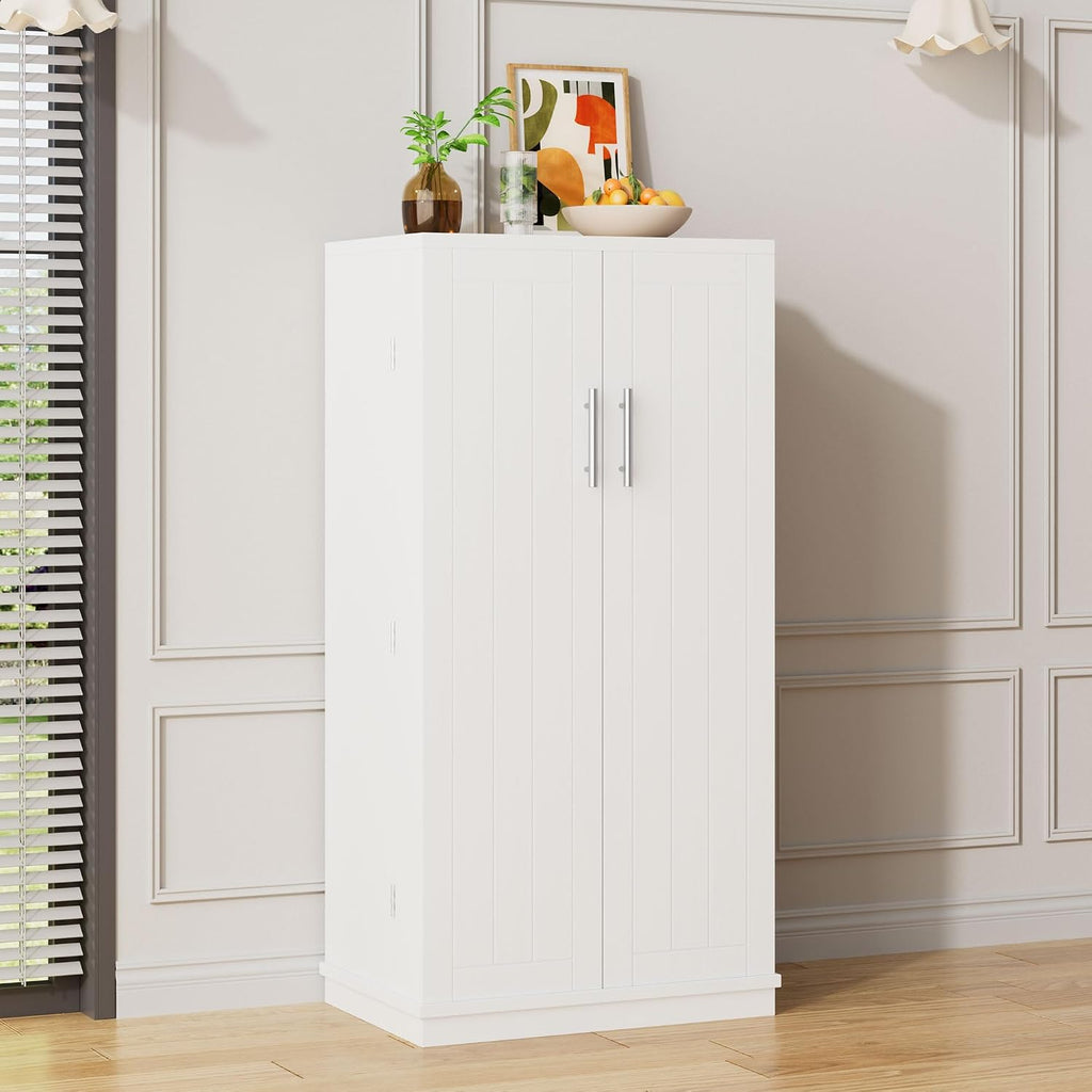 47in Kitchen Pantry Cabinet, Wood Kitchen Storage Pantry Cabinets Freestanding Pantries Cabinets with Doors & Adjustable Shelves, White