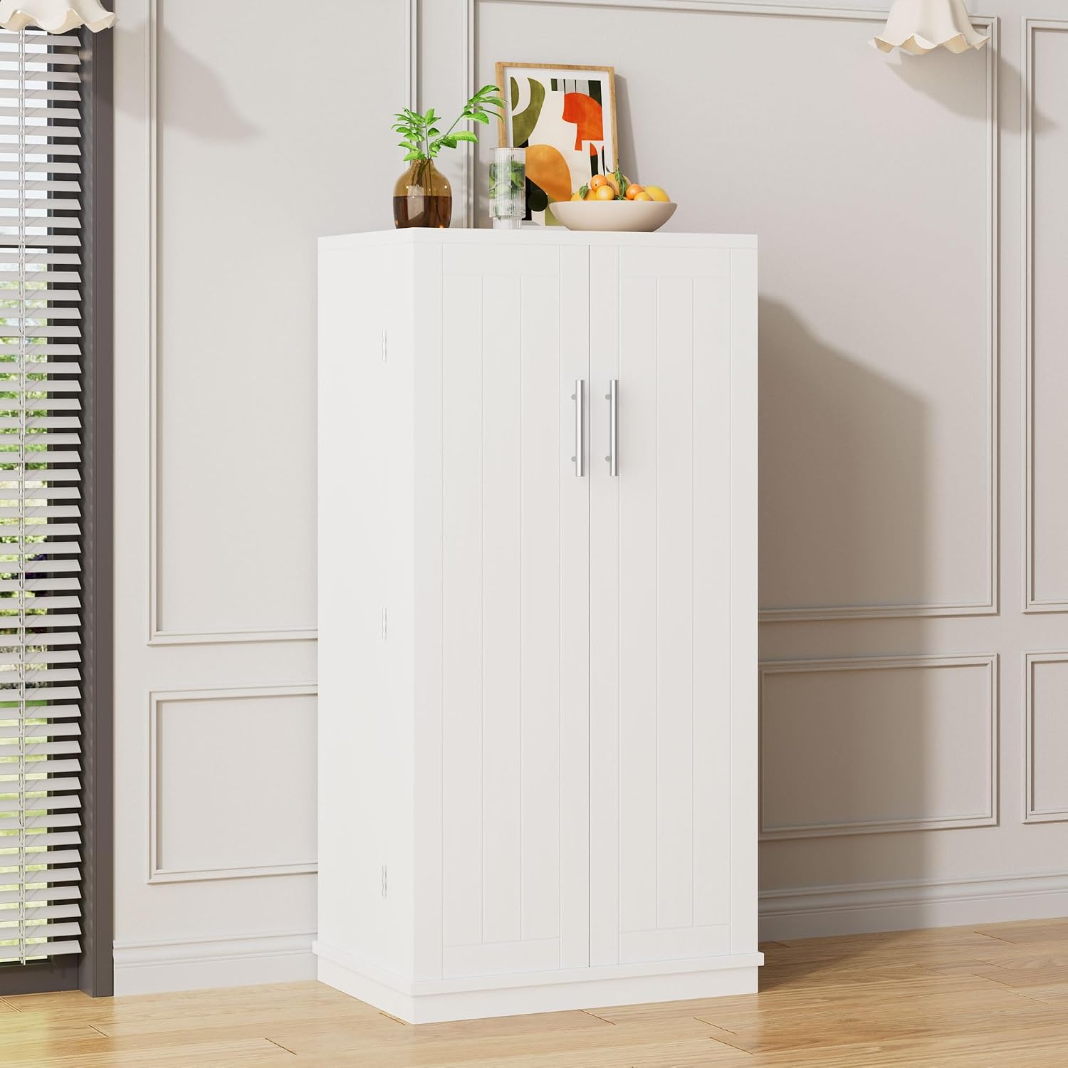 47in Kitchen Pantry Cabinet, Wood Kitchen Storage Pantry Cabinets Freestanding Pantries Cabinets with Doors & Adjustable Shelves, White