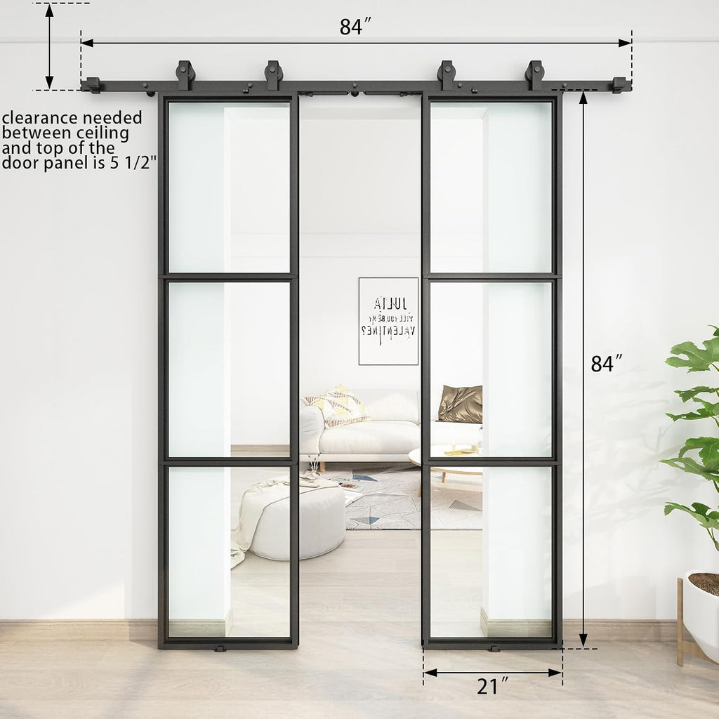 JUBEST 42 x 84 Inch Double Barn Door with 7FT Hardware Kit and Soft Close Mechanism Include, 2 Sets of 21in x 84in 3-Paneled Clear Glass with Carbon Steel Frame Barn Door, Easy to Install