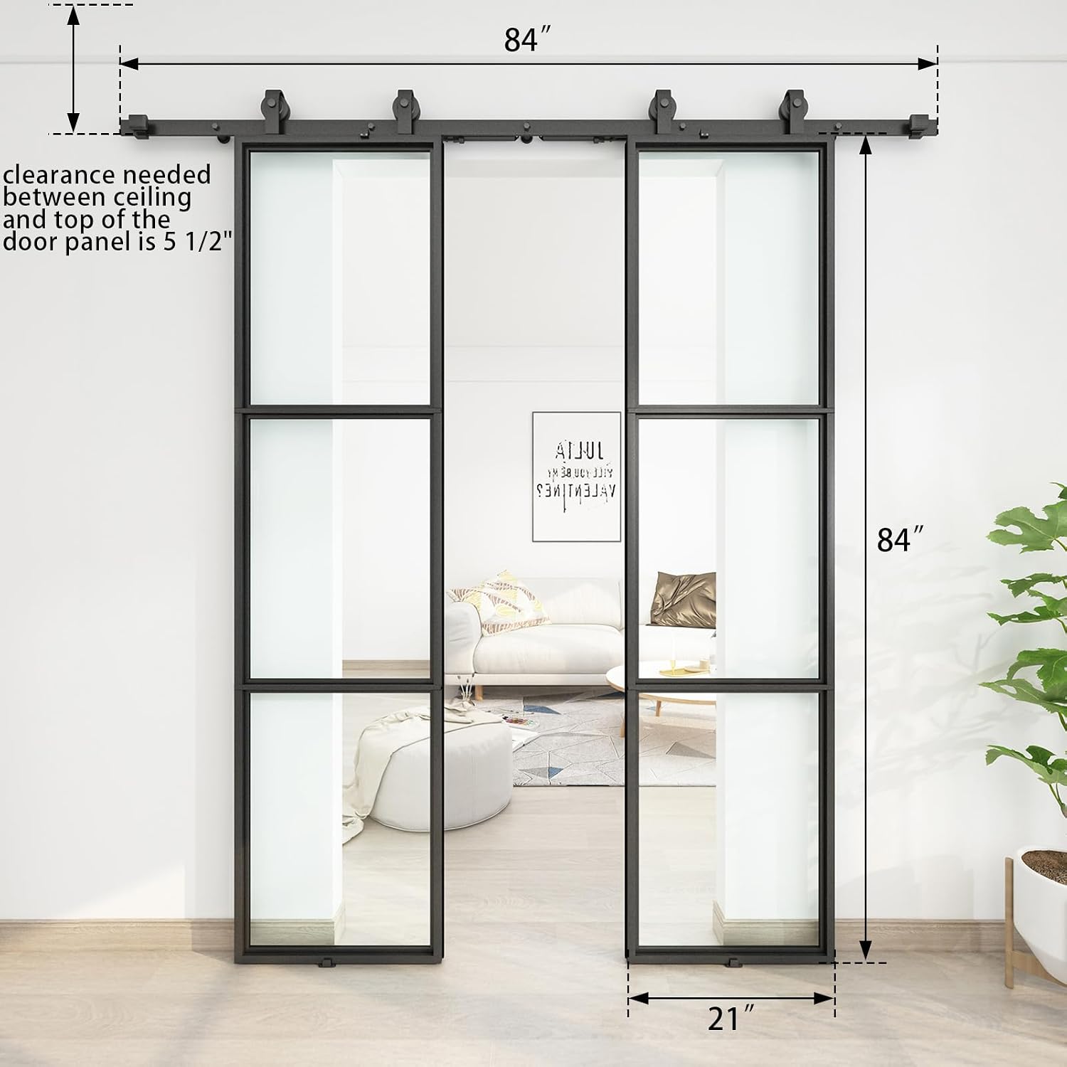 JUBEST 42 x 84 Inch Double Barn Door with 7FT Hardware Kit and Soft Close Mechanism Include, 2 Sets of 21in x 84in 3-Paneled Clear Glass with Carbon Steel Frame Barn Door, Easy to Install